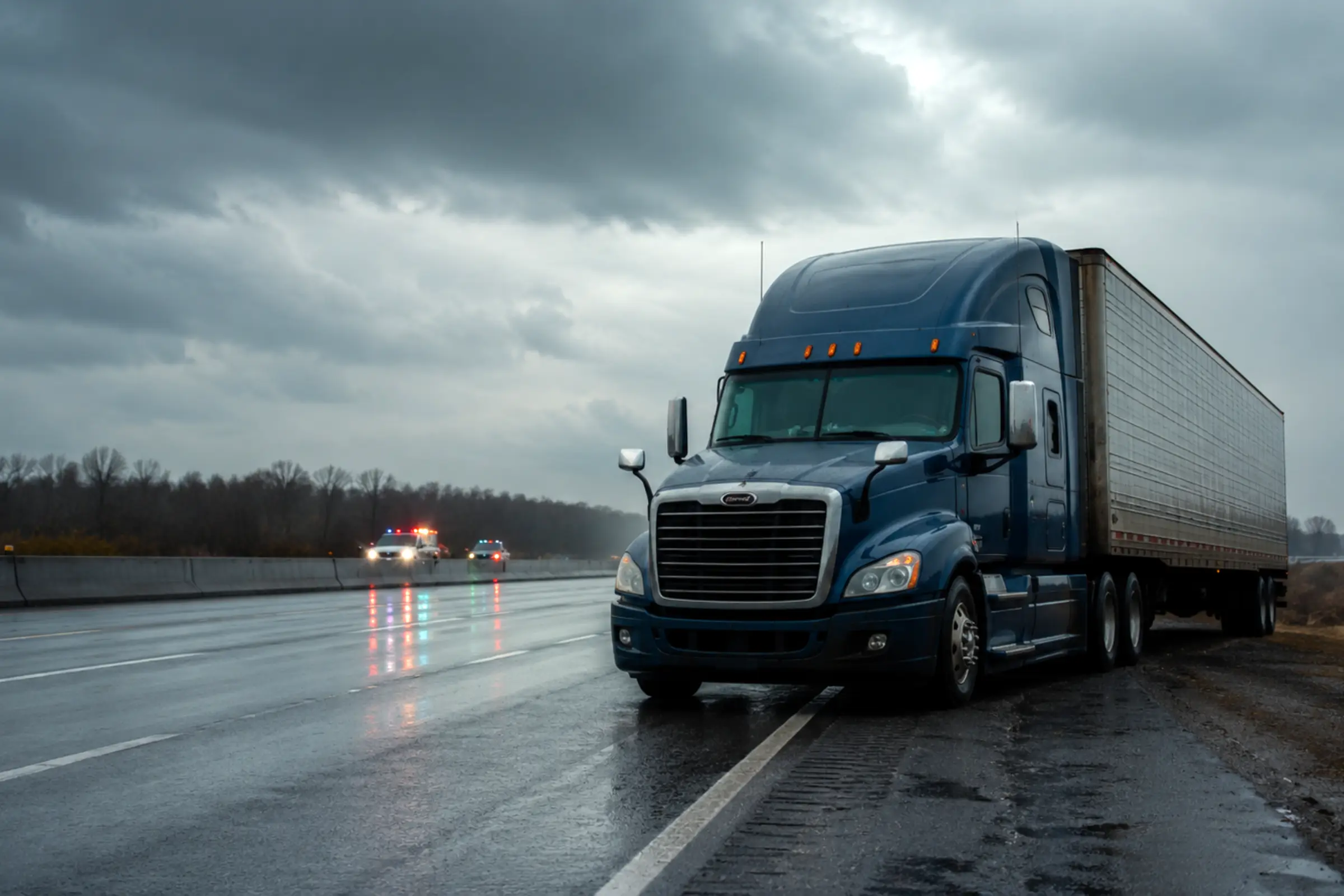 Commercial tractor-trailer traveling on a highway